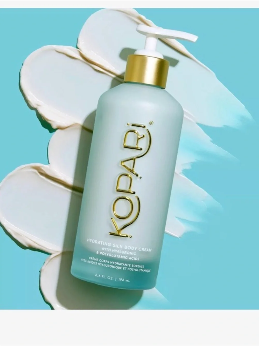 Kopari Hydrating Silk Body Cream — Aqua Bottle with Gold Accents